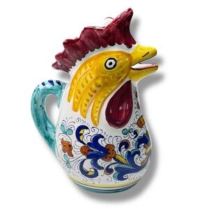 Deruta Dip Amano Franco Mari Hand Painted Ceramic Rooster Pitcher Italy 10" Tall